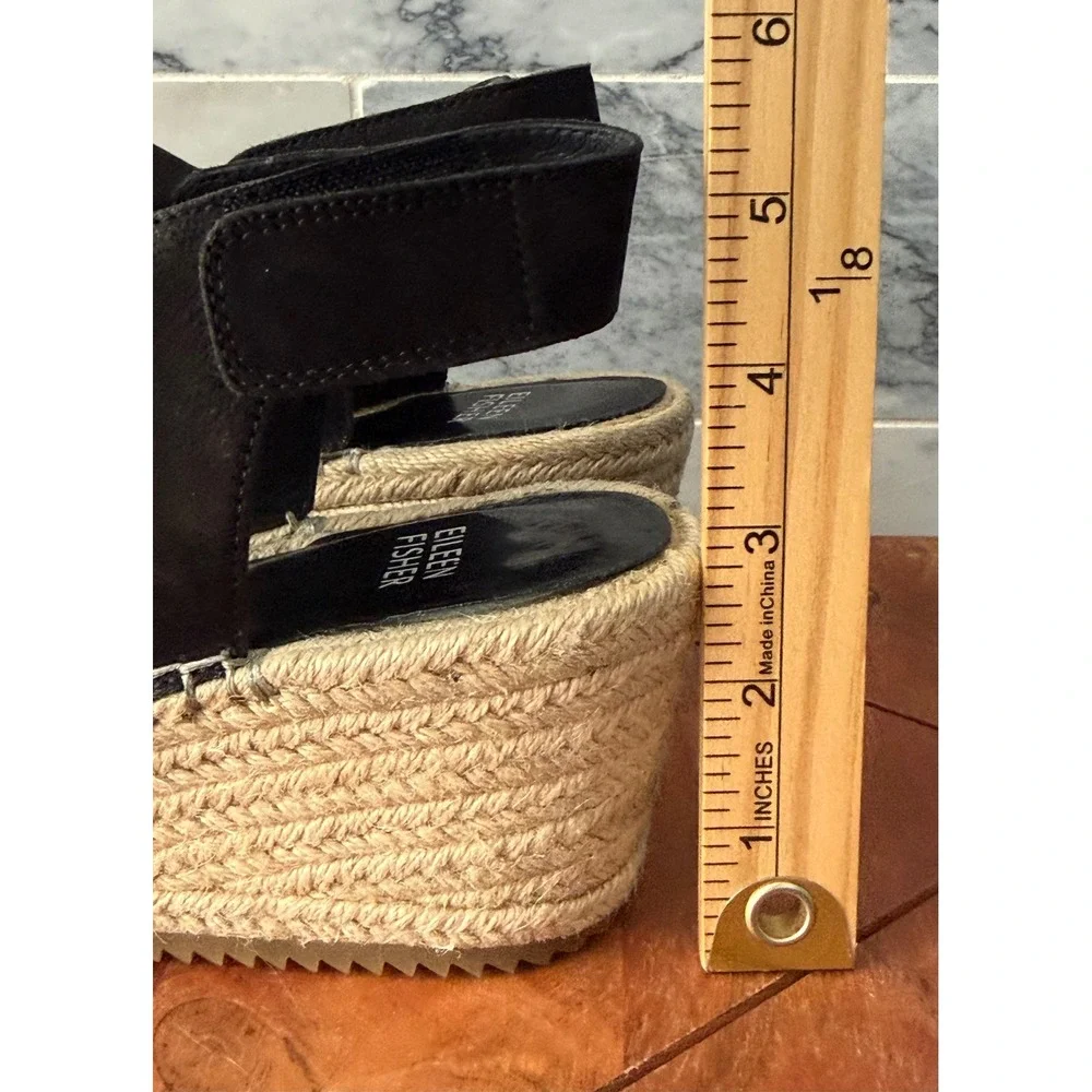 Eileen Fisher Largo Espadrille Black Wedge Sandals Multi Strap Platform Size 9.5
